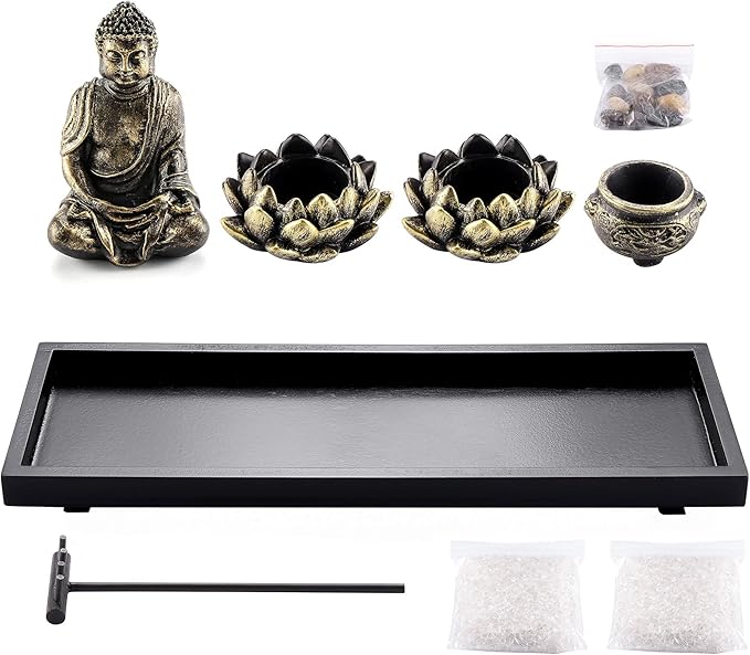 Jovivi Zen Garden Set Buddha Statue 2 Lotus Tealight Candle Holders, Mallet & Rocks and Crystals & Incense Burner Stick Holder Bowl & Wood Tray for Yoga Meditaion Home Table Decor Gift