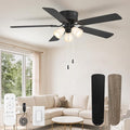 Fanbulous 52" Farmhouse Ceiling Fan with Light, Remote & Pull Chain Control | Shatterproof PP Shades, DC Quiet Motor, 6-Speed Timer, Low Profile Flush Mount for Bedroom, Living Room, Kitchen, Black