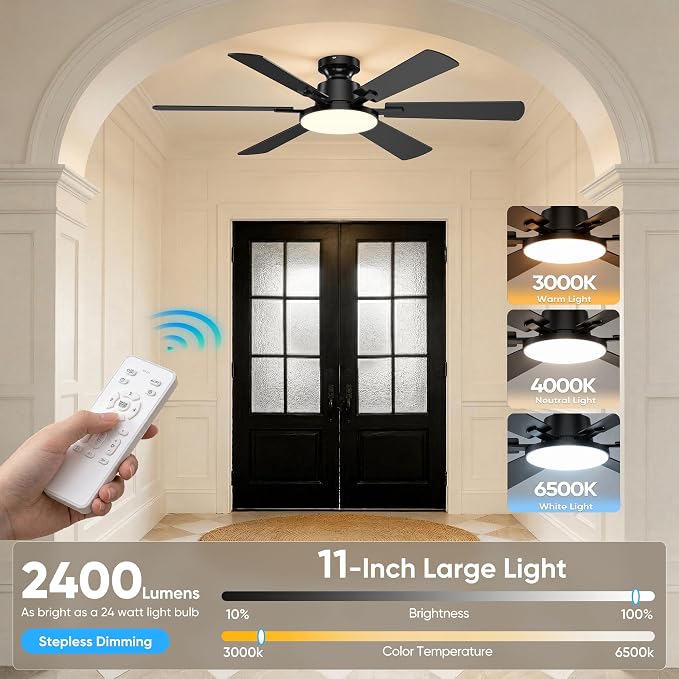 52 Inch Ceiling Fans with Lights, 6 Double Sided Blades, Ultra Quiet Reversible DC Motor, Remote & APP Control, 6 Speeds, 3CCT Dimmable LED with Memory Function, Flush Mount for Living Room, Black