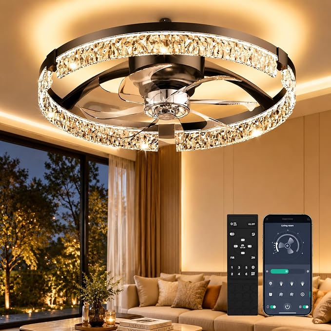 Crystal Ceiling Fans with Lights and Remote, 20'' Low Profile Ceiling Fan, 1-6 Wind Speeds, 3000-6500K Dimmable Flush Mount LED Fan Light, Modern Fandelier Ceiling Fans for Bedroom