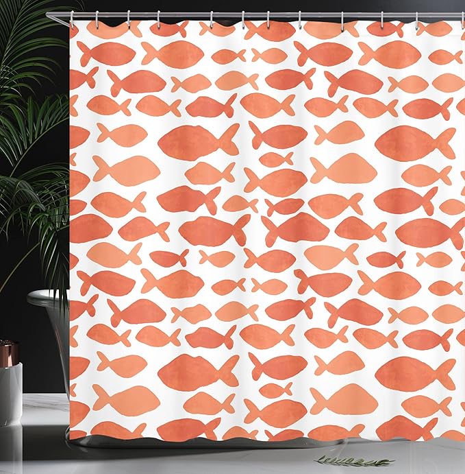 Ambesonne Fish Shower Curtain, Sea Animal in Watercolors Brushstrokes Theme Illustration, Cloth Fabric Bathroom Decor Set with Hooks, 69" W x 70" L, Dark Salmon