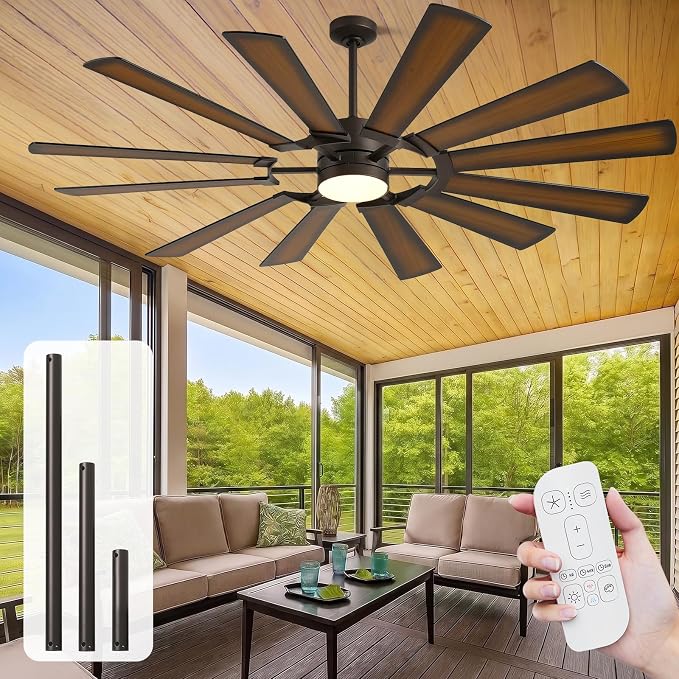 72 Inch Outdoor Wind Mill Ceiling Fan with Light, High 8095 CFM Damp Rated for Rustic Farmhouse Large Patios Bedroom Living Room,12 Walnut/Walnut Shadowed Reversible Blades Quiet DC Motor with Remote