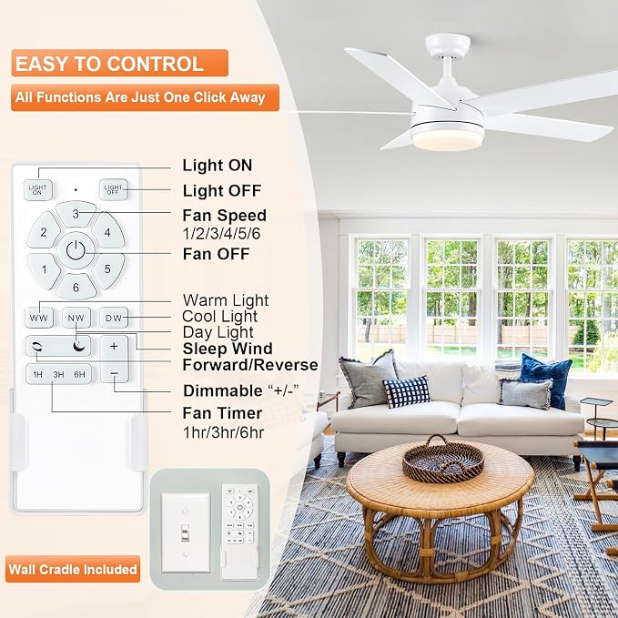 YUHAO 60 Inch White Ceiling Fan with Light and Remote Control.Noiseless,Dimmable,3CCT,6 Speeds Reversible, DC Ceiling Fans for Indoor or Covered Outdoor Use.ETL Listed