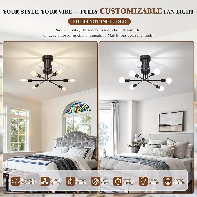 VbiTmn 21.2 Inch Flush Mount Sputnik Ceiling Fan with Lights, 6-Light Black Modern Fandelier, Low Profile Quiet DC Reversible, 6 Speed Remote Control, E26 Base for Bedroom Dining Room