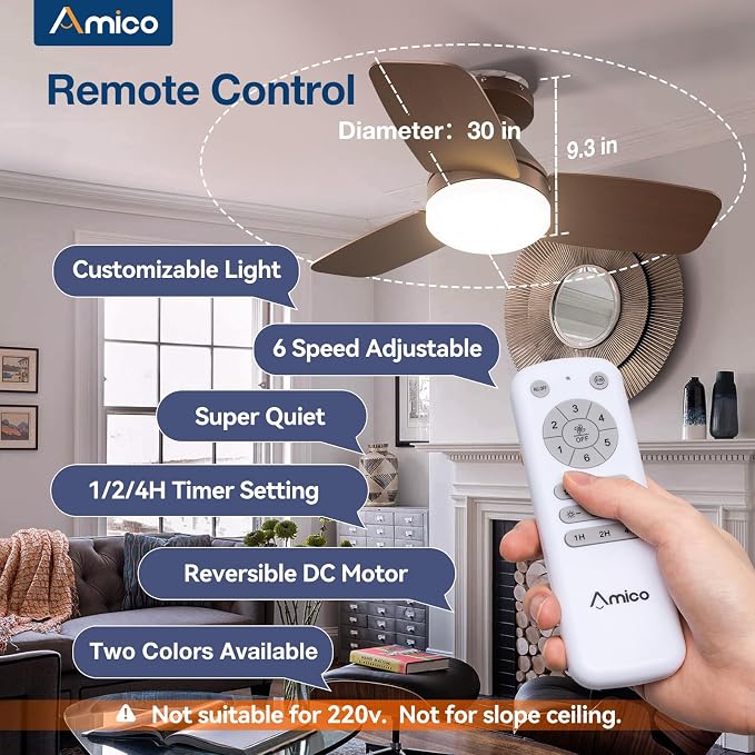 Amico Ceiling Fans with Lights, 30 inch Low Profile Ceiling Fan with Light and Remote Control, Flush Mount, Reversible, 3CCT, Dimmable, Noiseless, Brown Ceiling Fan for Bedroom, Indoor/Outdoor Use