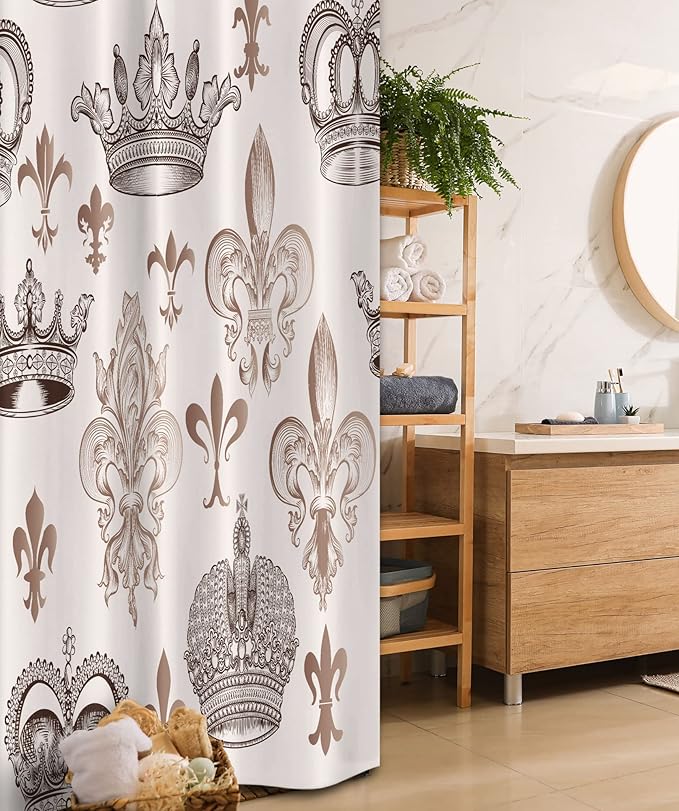 Ambesonne Fleur De Lis Stall Shower Curtain, Crowns and Fleur-de-Lis Shapes in Engraved Style Fame Symbolic Artwork Print, Fabric Bathroom Decor Set with Hooks, 36" W x 72" L, Beige Tan