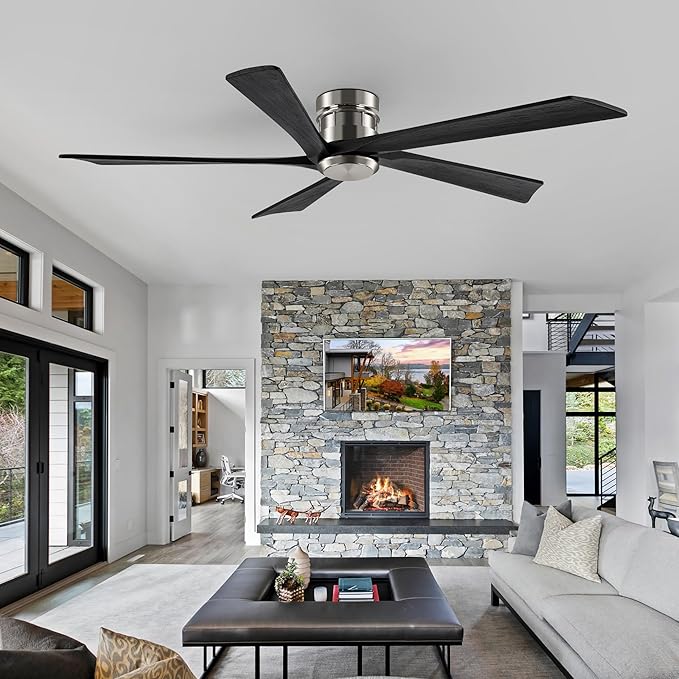 EKIZNSN 72 Inch Brushed Nickel Flush Mount Ceiling Fans without Light for Patios, 110V Noiseless Reversible DC Motor, 6-Gear Speed (Nickel Finish with Black Blades)