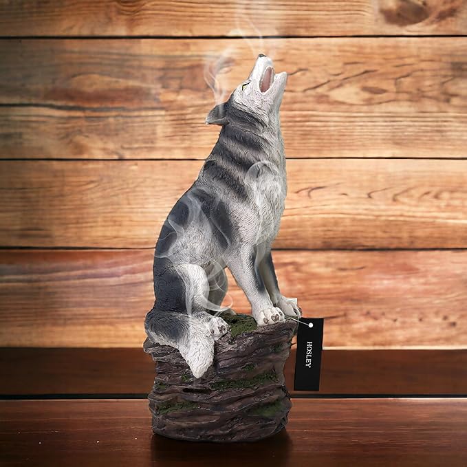 Hosley Incense Burner, Cone Incense Holder, Resin Wolf Décor 12 Inch Height, Aromatic Ambiance, Ideal for Home Décor, Office, Living Room, Spa, Meditation Space, Unique Gift for Wild Lovers