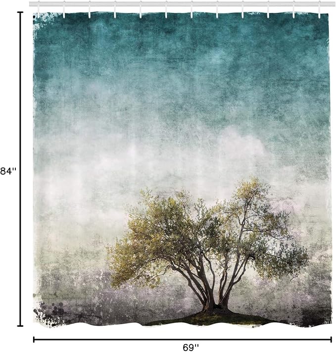 Ambesonne Tree of Life Shower Curtain, Grunge Landscape with Single Tree and Retro Background Rustic Print, Cloth Fabric Bathroom Decor Set with Hooks, 69" W x 84" L, Cream Green