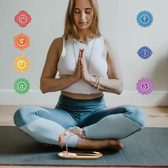 ZenBless 7 Chakra Healing Crystal Tree Incense Holder Palo Santo Sage Burner Brass Ash Catcher for Incense Sticks Coil Cones Yoga Meditation Zen Spiritual Room Home Decoration (Oval)