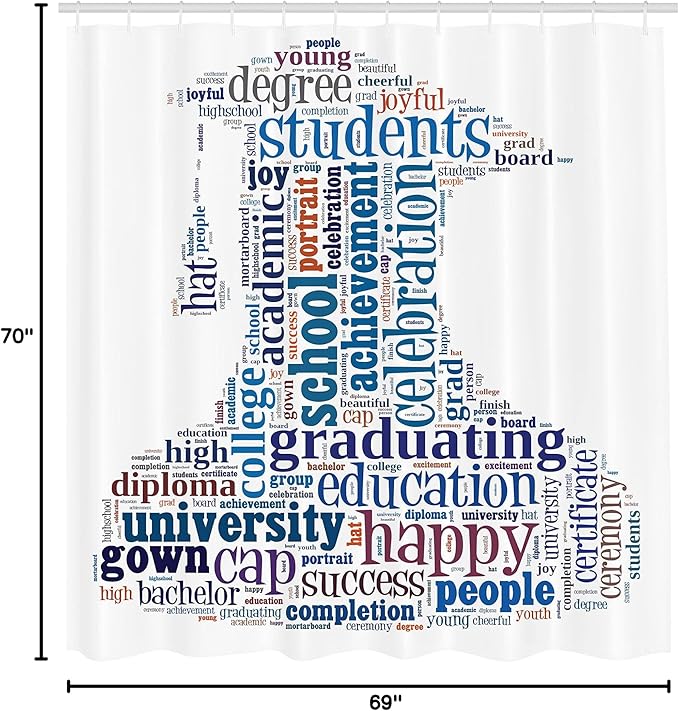 Ambesonne Graduation Shower Curtain, Cap Arrangement Words Bachelor Young Student Grown Art Design, Cloth Fabric Bathroom Decor Set with Hooks, 69" W x 70" L, Navy White