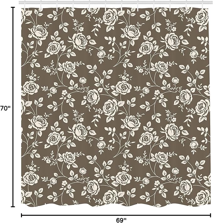 Ambesonne Rose Shower Curtain, Silhouette Pattern of Rose Branches Twig Ornamental Old Fashioned Antique Design, Cloth Fabric Bathroom Decor Set with Hooks, 69" W x 70" L, Dark Taupe White