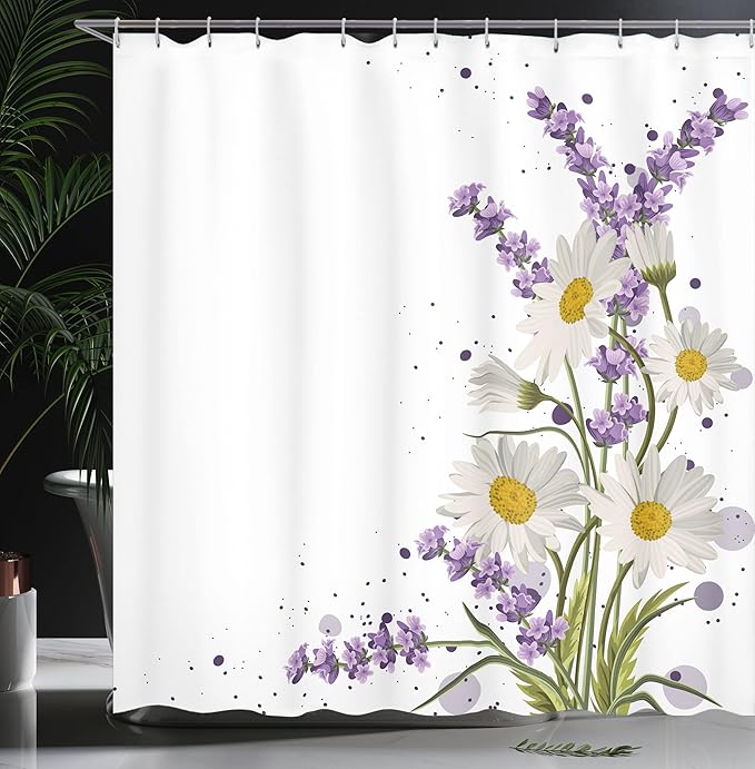 Ambesonne Lavender Shower Curtain, Vivid Bouquet with Daisies Color Slashes Scenic Modern, Cloth Fabric Bathroom Decor Set with Hooks, 69" W x 75" L, Green Marigold