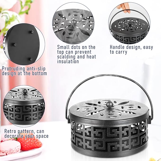 Exquisite Metal Mosquito Coil Holder Long-Lasting Coil Incense Burner for Indoor and Outdoor (Black)