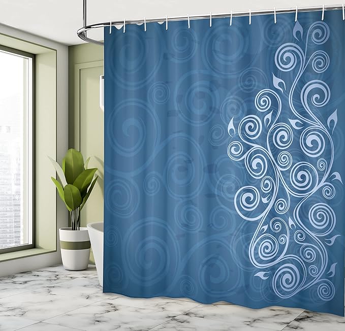 Ambesonne Ornamental Shower Curtain, Floral Swirls Ivy Image Ombre Details Grunge Backdrop Flower Illustration, Cloth Fabric Bathroom Decor Set with Hooks, 69" W x 70" L, Dark Sky