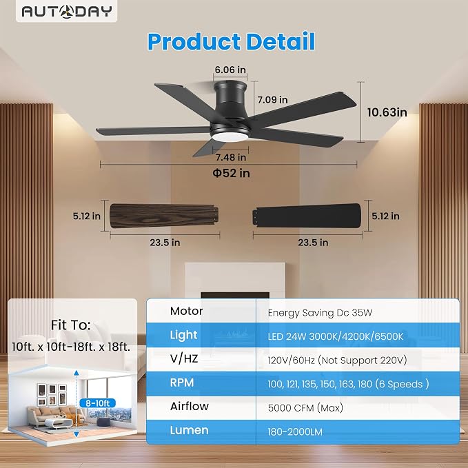 52 Inch Low Profile Ceiling Fan with Light, Black Flush Mount Ceiling Fans with Lights and Remote, 6 Speeds Reversible Quiet DC, 3CCT Dimmable, Indoor Outdoor Ceiling Fans for Patios Bedroom
