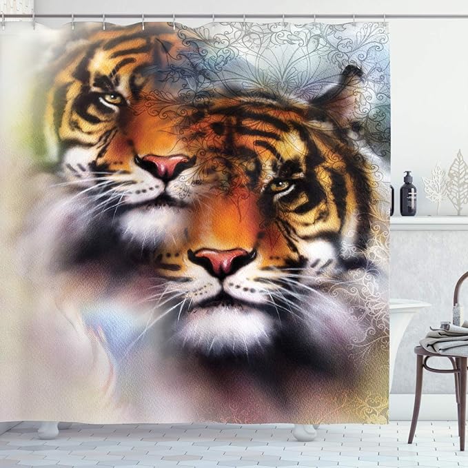 Ambesonne Savannah Shower Curtain, Double Exposure Tiger Collage with 2 Overlapping Images Oriental Mandala Backdrop, Cloth Fabric Bathroom Decor Set with Hooks, 69" W x 75" L, White Orange