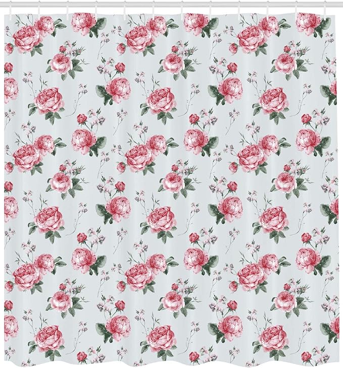 Ambesonne Shabby Flora Shower Curtain, Romantic Spring Summer Flowers Garden Roses with Leaves Art, Cloth Fabric Bathroom Decor Set with Hooks, 69" W x 75" L, Almond Green Pale Pink