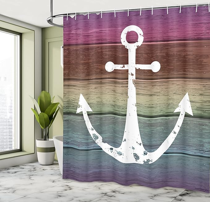 Ambesonne Anchor Shower Curtain, Rustic Themed Marine Ornament on Colorful Grungy Wooden Planks Sailing Style, Cloth Fabric Bathroom Decor Set with Hooks, 69" W x 70" L, White Multicolor