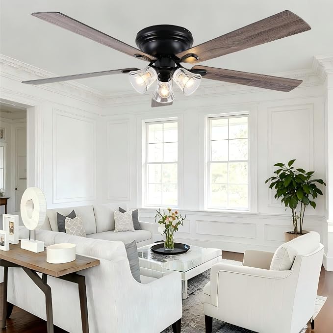 60" Vintage Ceiling Fan with Lights Remote, Flush Mount Fandelier | Farmhouse Ceiling Fan 3-Lights Rustic Chandelier for Living Room Bedroom, 3 E26 Bulb Bases Reversible Quiet DC Motor 6 Speeds