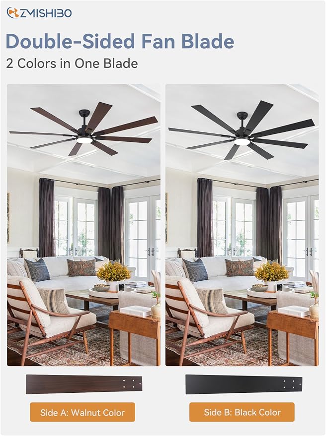 ZMISHIBO 72 inch Large Ceiling Fans with Lights and Remote, Indoor/Outdoor Black Modern Ceiling Fan for Kitchen Living Room Patio, 6 Speed Reversible Quiet DC Motor, 3 CCT, Dual Finish 8 Blades