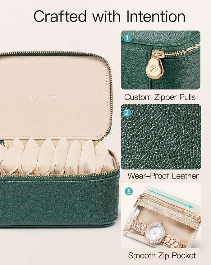 VLANDO Jewelry Box with 8 Velvet Jewelry Bags Travel Jewelry Storage Box Petal Hardware Jewelry Organizer for Necklace Rings Earrings Women Gifts for Christmas Birthday-Green