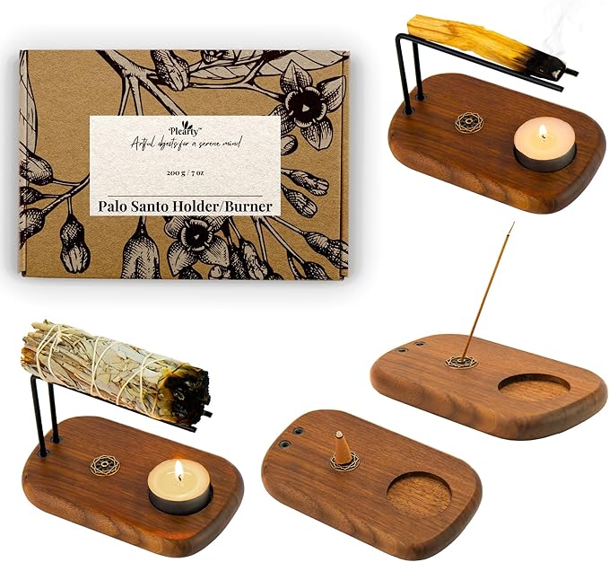 4 in 1 Walnut Wood Palo Santo Holder Hand-Crafted Incense Sticks Holder for Burning Sage with Booklet The Most Complete Palo Santo Holder for Your Meditation Room Home Decor Gift
