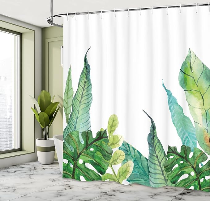 Ambesonne Leaf Shower Curtain, Watercolor Hand Drawn Style Print Panda Banana Fragipani Tropical Trees Exotic Leaves, Cloth Fabric Bathroom Decor Set with Hooks, 69" W x 70" L, Green White