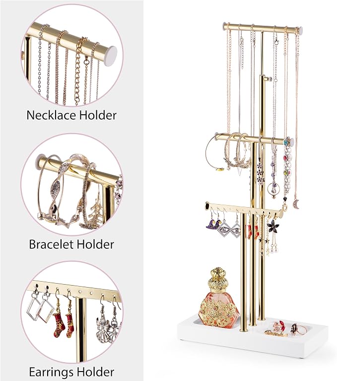 Love-KANKEI 3-Tier Jewelry Organizer Stand,Adjustable Height,White/Gold | Metal Rod,Solid Wood Base,Easy to Install,Tree Style,Display Long Necklaces,Bracelets,Earrings,Rings,Watches,Bangles,Gift