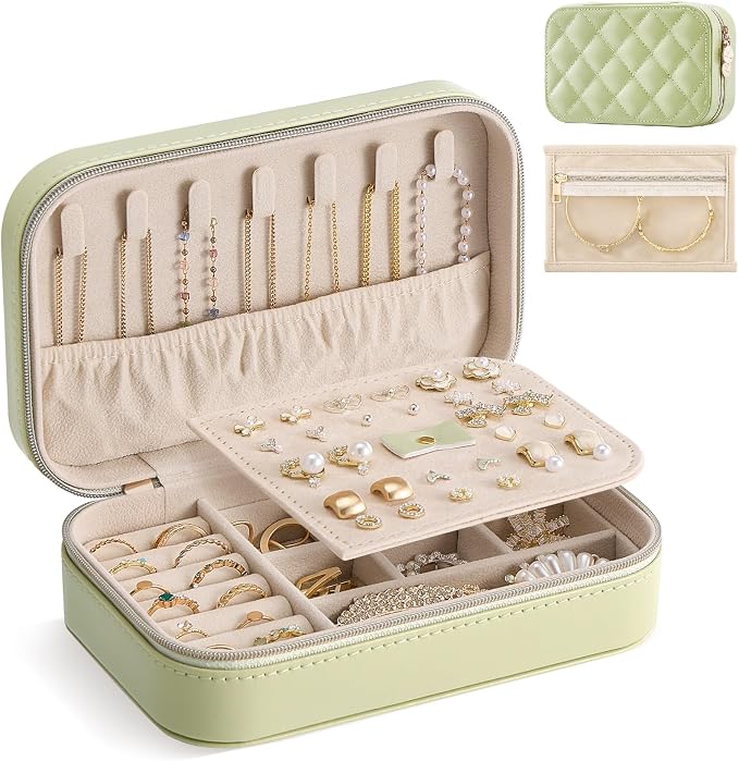 Lolalet Travel Jewelry Case for Women Girls, PU Leather Jewelry Organizer with Clear Storage Bag Small Portable Jewelry Box for Necklace Bracelet Earring Ring Birthday Bridesmaid Gifts -Medium/Green