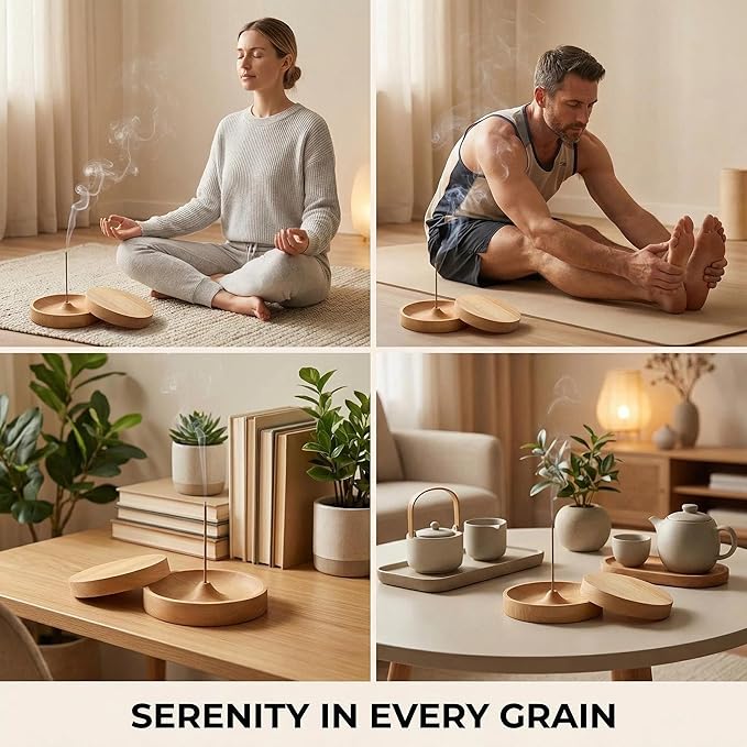 2 Pack Handmade Unpainted Solid Wood Incense Holder with Lid, Windproof Round Stick Incense Burner Ash Catcher, Portable Smooth Minimalist Incense Tray for Home Bedroom Office Yoga Camping Travel