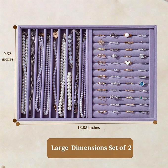 Large Velvet Jewelry Tray 2 Pack Stackable Jewelry Display Drawer Inserts Trays Organizer for Earring Bracelet Necklace Ring (Purple, Ring and 9 Grids)