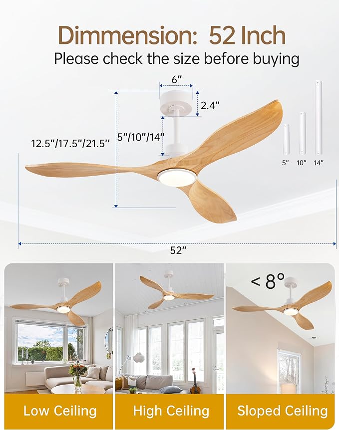 52" Natural Wood Ceiling Fans with Lights and Remote, Outdoor 3 Blade Ceiling Fan with Wall Control, 6 Speed, Dimmable, Noiseless DC Motor for Patios, Bedroom, Living Room