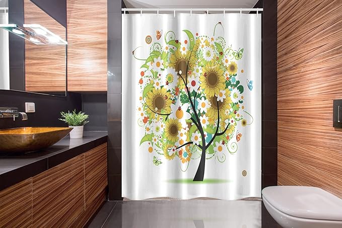 Ambesonne Sunflower Stall Shower Curtain, Floral Tree with Daisies Sunflowers Butterflies Ladybugs Spring Fantasy Joyful, Fabric Bathroom Decor Set with Hooks, 54" W x 78" L, Green Black