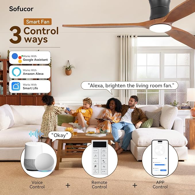 Sofucor 52" Smart Ceiling Fan, Solid Wood Ceiling Fan with Lights and Remote, Flush Mount Ceiling Fan Works with Alexa/Google/App, Dimmable 6-Speed Timing Reversible DC Motor for Bedroom Living Room