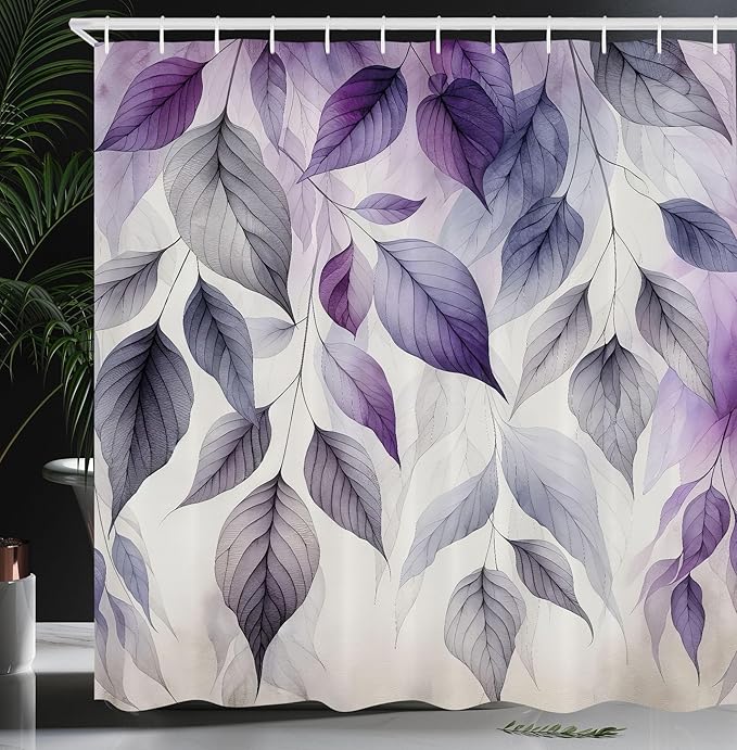 Ambesonne Purple Shower Curtain, Cascade of Leaves in a Cold Windy Morning Monochromatic Pastel Tones, Cloth Fabric Bathroom Decor Set with Hooks, 69" W x 84" L, Coconut Quartz and Lilac