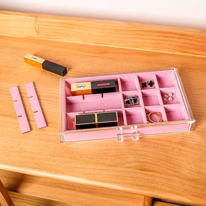 Frebeauty Acrylic Jewelry Organizer Earring Organizer Box with 5 Drawers Earring Holder Organizer with Velvet Trays Clear Jewelry Box for Women Earring Display for Rings StudsPink | 61 Jewelry Storage Grid for Rings Studs Bracelet,Velvet Lining,Transpa...