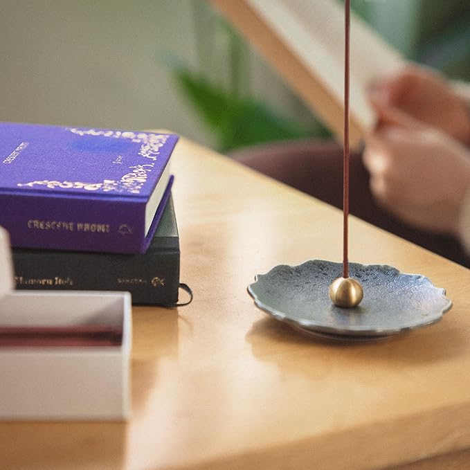 Asayu Japan Incense Holder - Matte Gray Crystal “Kikyo” Flower Shape - Mino Ware Ceramic Ash Catcher Plate with Brass Holder (Ginnezu Kikyo)