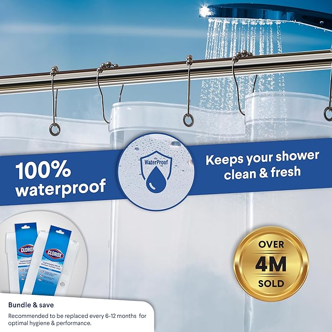 Clorox Shower Curtain Liner, Premium Lightweight Flexible Waterproof 3g PEVA for Bathroom with Weighted Magnets, Standard Size 70" x 72", Clear 2 Pack