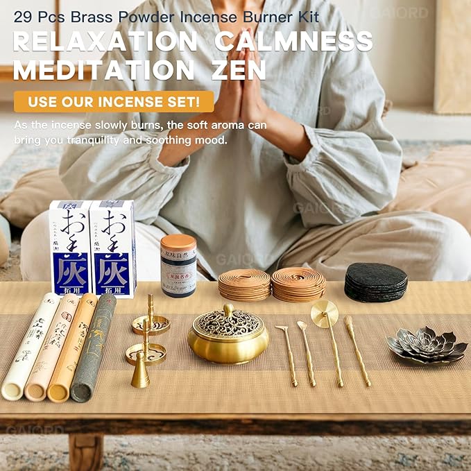 29 Pcs Brass Powder Incense Burner Kit, Incense Making Kit, Incense Powder with Incense Stick Holder(Stick/Cone/Coil Incense) Ash Catcher Tray As Gift for Yoga and Meditation (Glod)