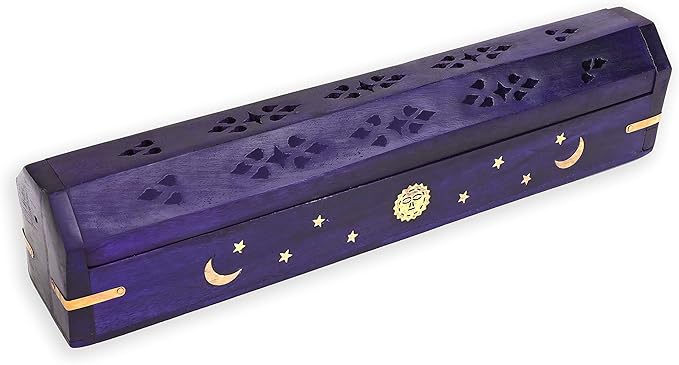 Incense Garden Pack of 2 Incense Stick Holder - Coffin Style - Wood Incense Stick Burner with Sun Moon Star Inlays Handmade with Brass Inlays (Purple)