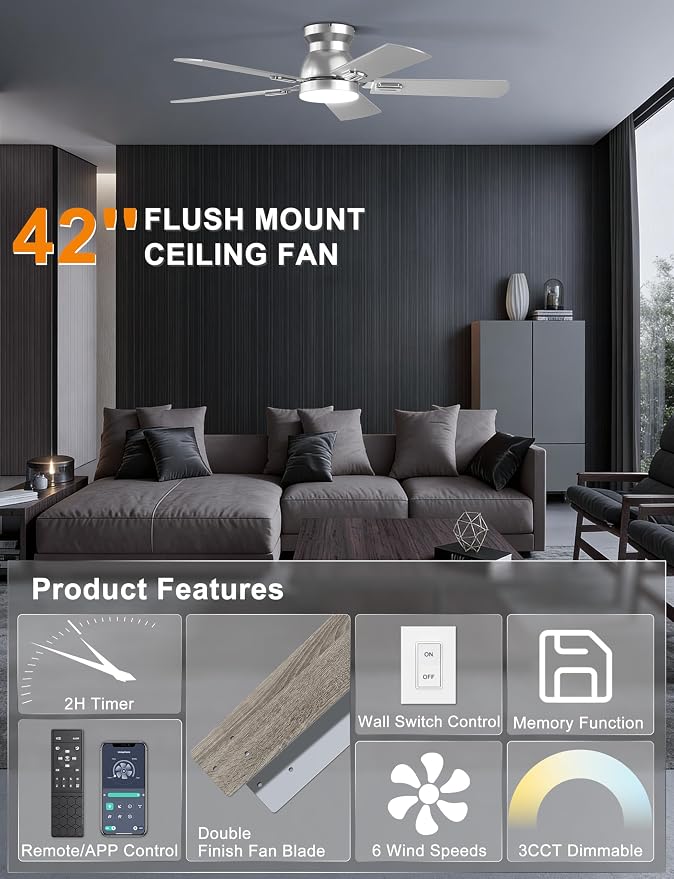 Ohniyou Ceiling Fans with Lights, 42 Inch Low Profile Ceiling Fan with Light and Remote/APP Control, Flush Mount, Dimmable, Quiet DC Motor, Silver Small Indoor Ceiling Fan for Bedroom, Kitchen