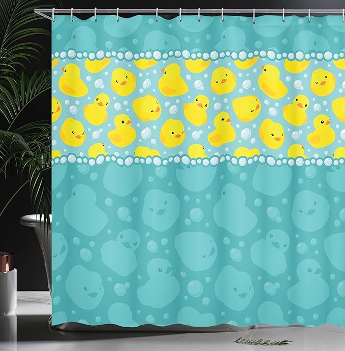 Ambesonne Rubber Duck Shower Curtain, Cartoon Style Duckies Swimming in Water Pattern Fun Bubbles Aqua Colors, Cloth Fabric Bathroom Decor Set with Hooks, 69" W x 75" L, Teal Blue