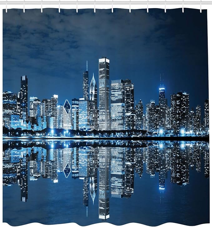 Ambesonne Landscape Shower Curtain, Chicago Sky Skyscrapers Financial District Tourist Attraction USA Theme, Cloth Fabric Bathroom Decor Set with Hooks, 69" W x 70" L, Night Blue Aqua