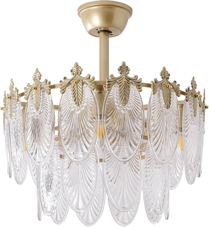20" Gold Fandelier Ceiling Fan with Light, Gold Crystal Chandelier Ceiling Fans with Lights and Remote Control, Mid Century Enclosed Caged with 6 Speeds for Bedroom, Nursery, Living Room