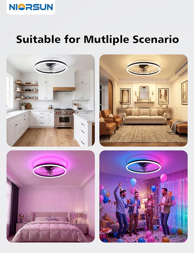 NIORSUN RGB Ceiling Fans with Lights and Remote, Modern Smart LED Ceiling Fans Light, 6 Speeds & 3000K-6500K Dimmable, Quiet Bladeless Fandelier Ceiling Fan with Light for Bedroom (20Inch,Black)
