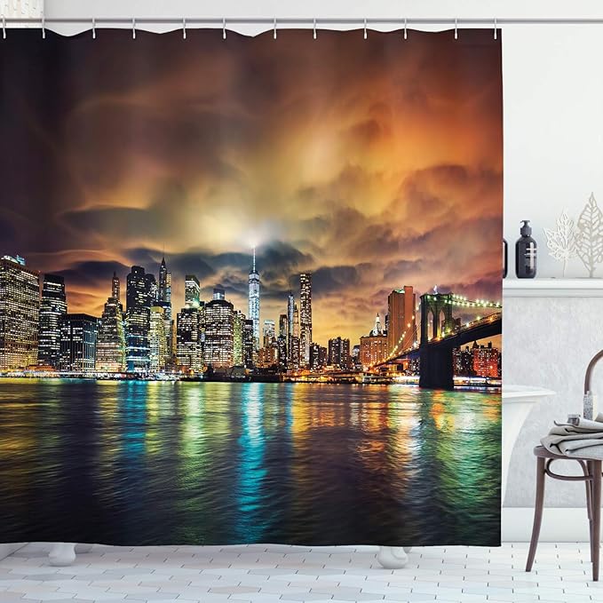Ambesonne NYC Shower Curtain, View of Manhattan at Sunset with Dramatic Sky Clouds Dark Architecture Evening Picture, Cloth Fabric Bathroom Decor Set with Hooks, 69" W x 70" L, Brown Yellow