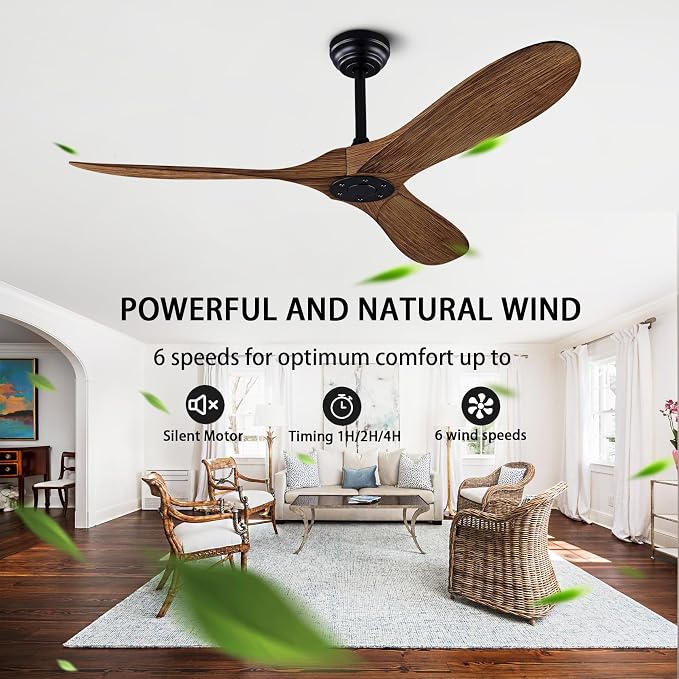 QUTWOB 52" Ceiling Fan with Remote Control No Lights,Modern Reversible DC Motor Indoor Outdoor 3 Blades Ceiling Fans for Patio Bedroom Living Room(Black+Dark Walnut)