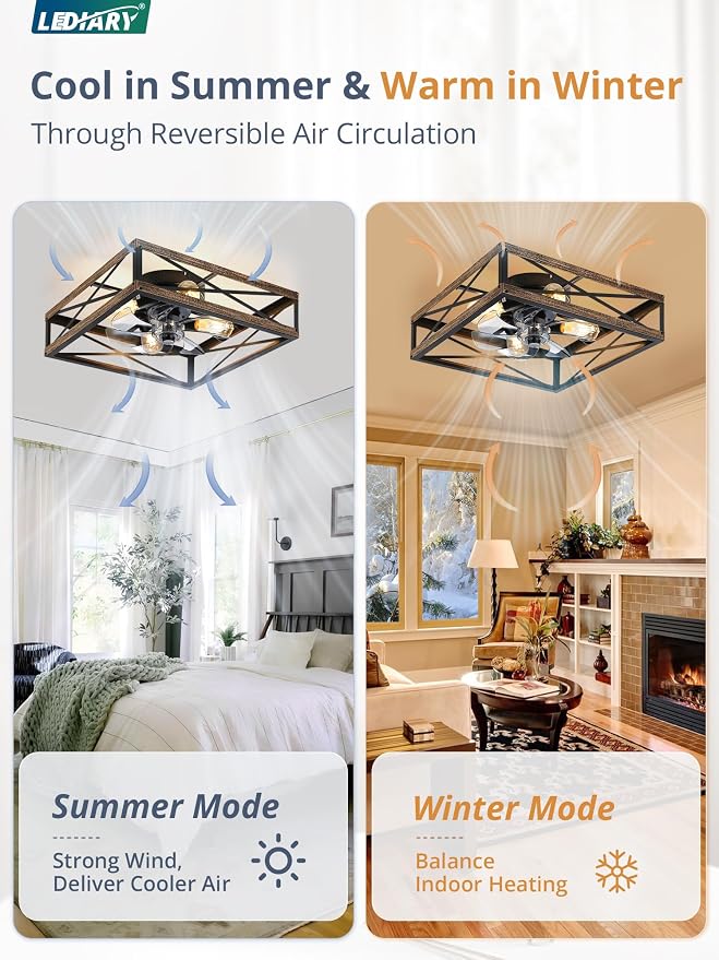LEDIARY 20” Caged Low Profile Square Ceiling Fans with Lights and Remote | 6 Speed and Reversible, Small Farmhouse Rustic Bladeless Ceiling Fan Flush Mount for Bedroom, Kitchen, Dining Room