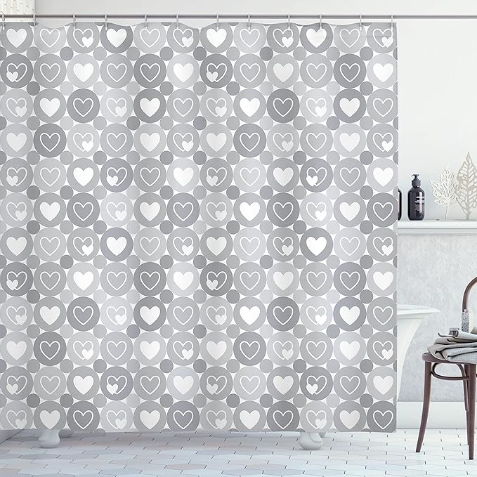 Ambesonne Grey Shower Curtain, Geometrical Hearts and Happiness and Love Romantic Valentine Happiness Flat, Cloth Fabric Bathroom Decor Set with Hooks, 69" W x 70" L, White